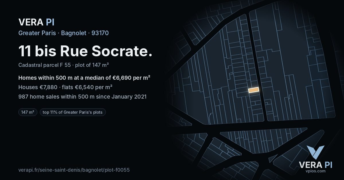 11 bis Rue Socrate, Bagnolet at night – the plot lit, the parcels around coloured by the prices near them