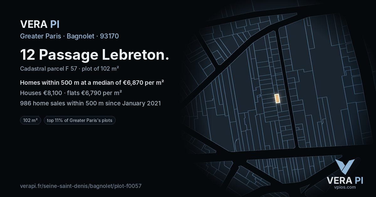 12 Passage Lebreton, Bagnolet at night – the plot lit, the parcels around coloured by the prices near them