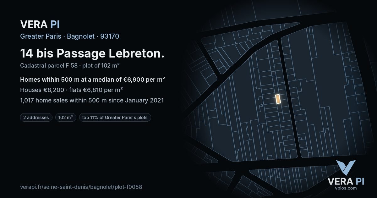 14 bis Passage Lebreton, Bagnolet at night – the plot lit, the parcels around coloured by the prices near them