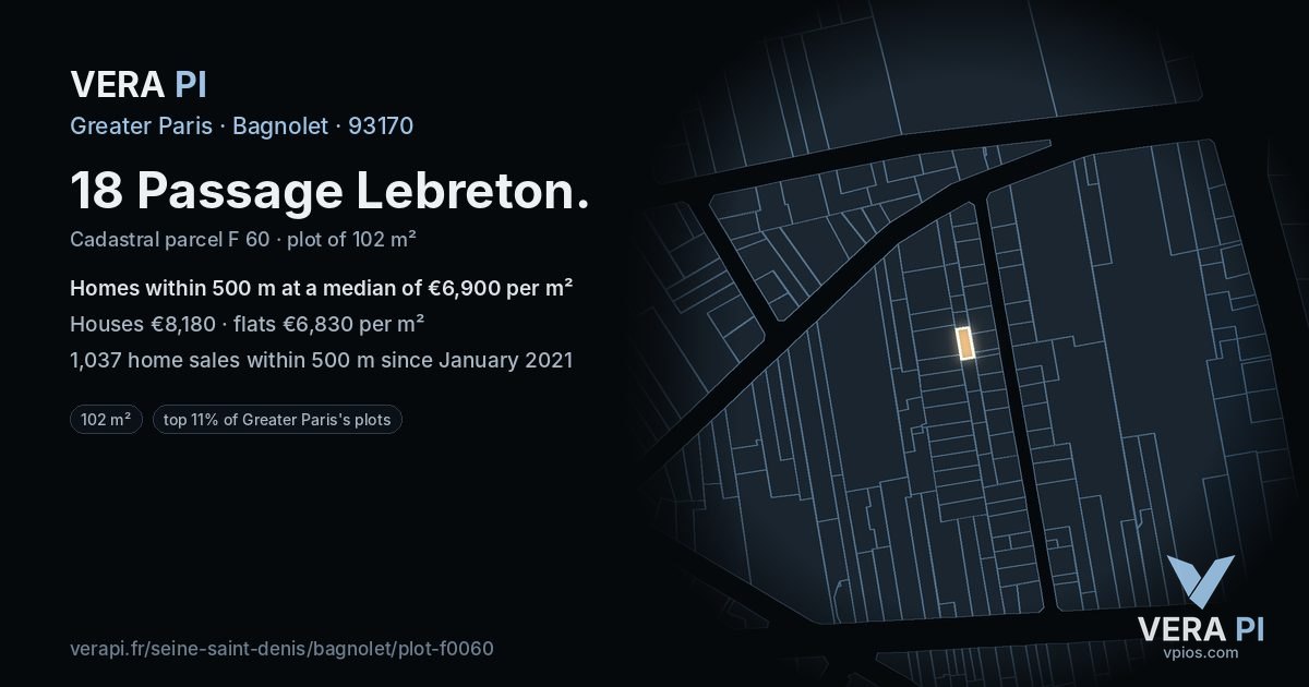 18 Passage Lebreton, Bagnolet at night – the plot lit, the parcels around coloured by the prices near them