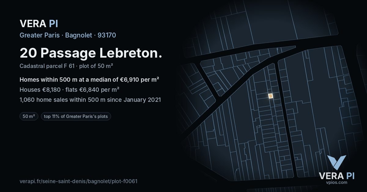 20 Passage Lebreton, Bagnolet at night – the plot lit, the parcels around coloured by the prices near them