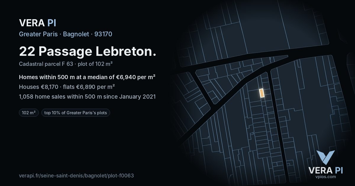 22 Passage Lebreton, Bagnolet at night – the plot lit, the parcels around coloured by the prices near them