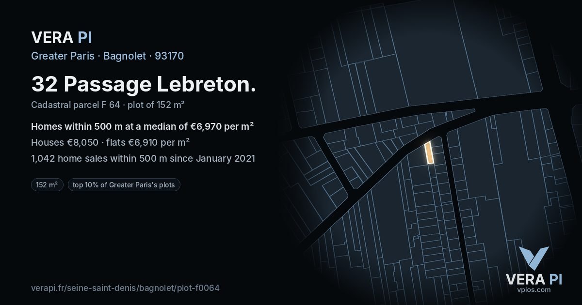 32 Passage Lebreton, Bagnolet at night – the plot lit, the parcels around coloured by the prices near them
