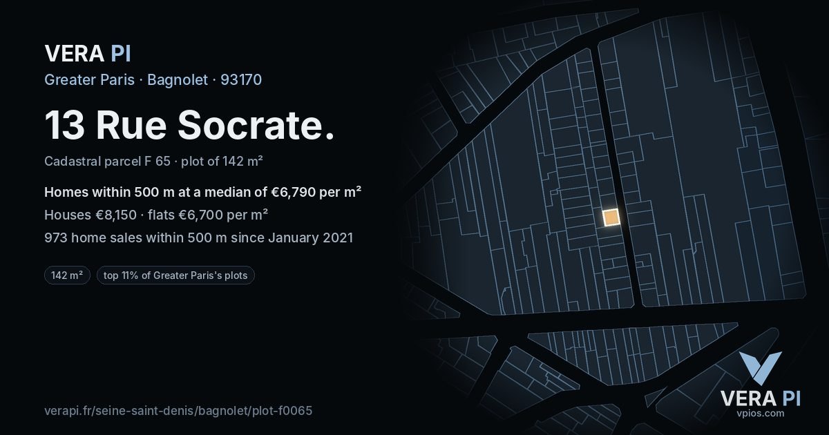 13 Rue Socrate, Bagnolet at night – the plot lit, the parcels around coloured by the prices near them
