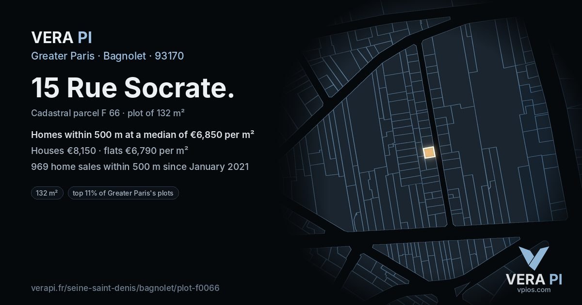 15 Rue Socrate, Bagnolet at night – the plot lit, the parcels around coloured by the prices near them