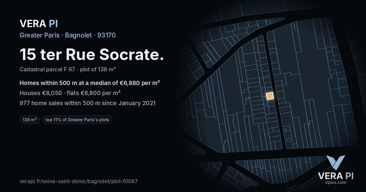 15 ter Rue Socrate, Bagnolet at night – the plot lit, the parcels around coloured by the prices near them