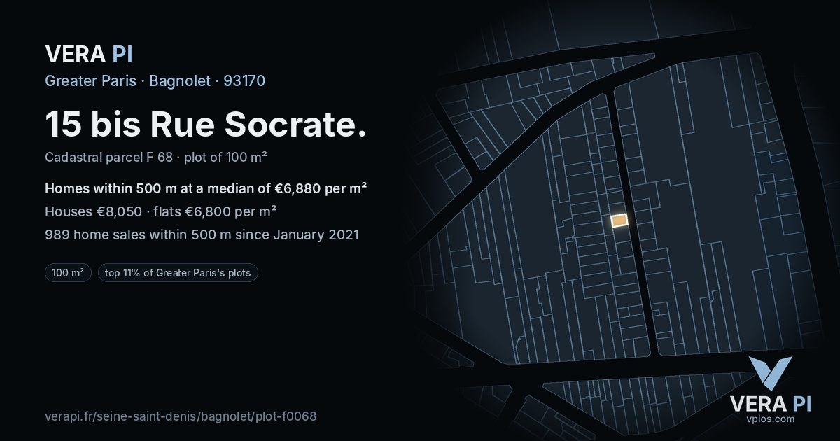 15 bis Rue Socrate, Bagnolet at night – the plot lit, the parcels around coloured by the prices near them