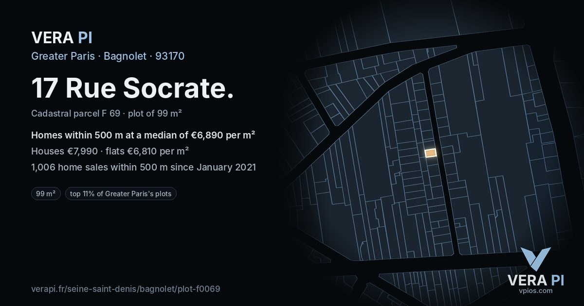 17 Rue Socrate, Bagnolet at night – the plot lit, the parcels around coloured by the prices near them