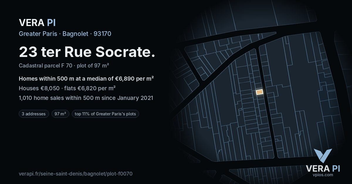 23 ter Rue Socrate, Bagnolet at night – the plot lit, the parcels around coloured by the prices near them