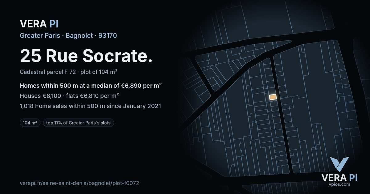 25 Rue Socrate, Bagnolet at night – the plot lit, the parcels around coloured by the prices near them