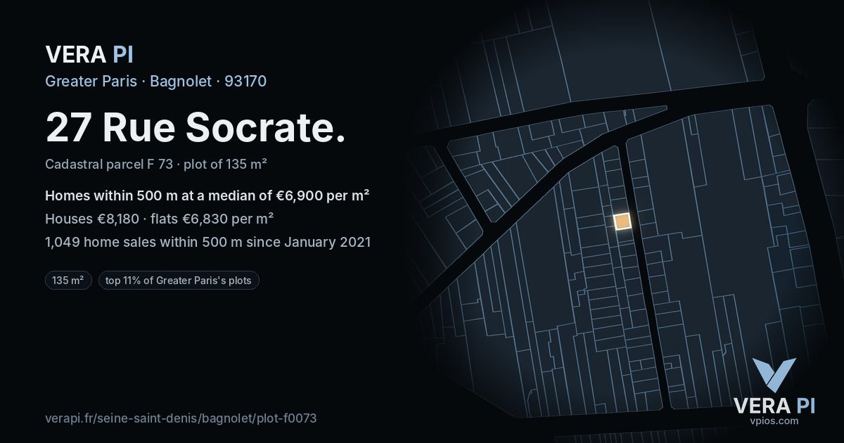 27 Rue Socrate, Bagnolet at night – the plot lit, the parcels around coloured by the prices near them