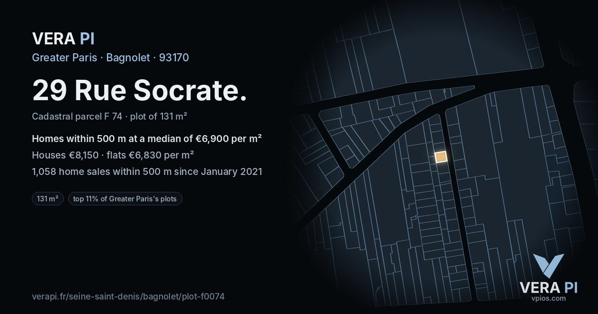 29 Rue Socrate, Bagnolet at night – the plot lit, the parcels around coloured by the prices near them