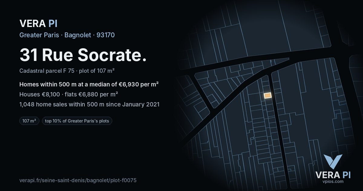 31 Rue Socrate, Bagnolet at night – the plot lit, the parcels around coloured by the prices near them