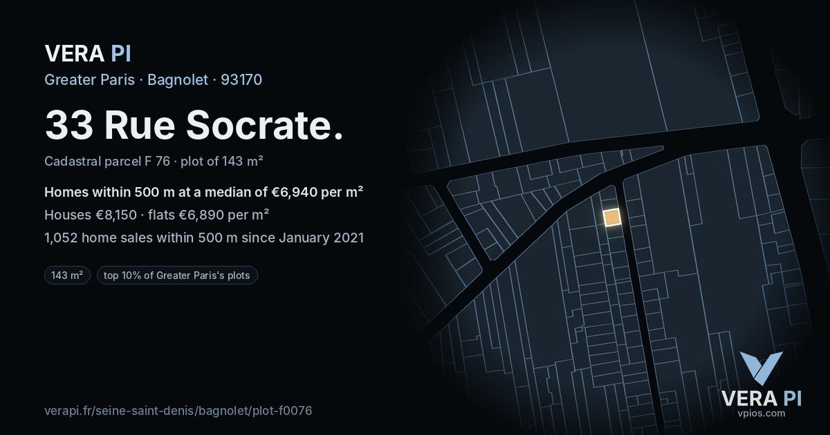 33 Rue Socrate, Bagnolet at night – the plot lit, the parcels around coloured by the prices near them
