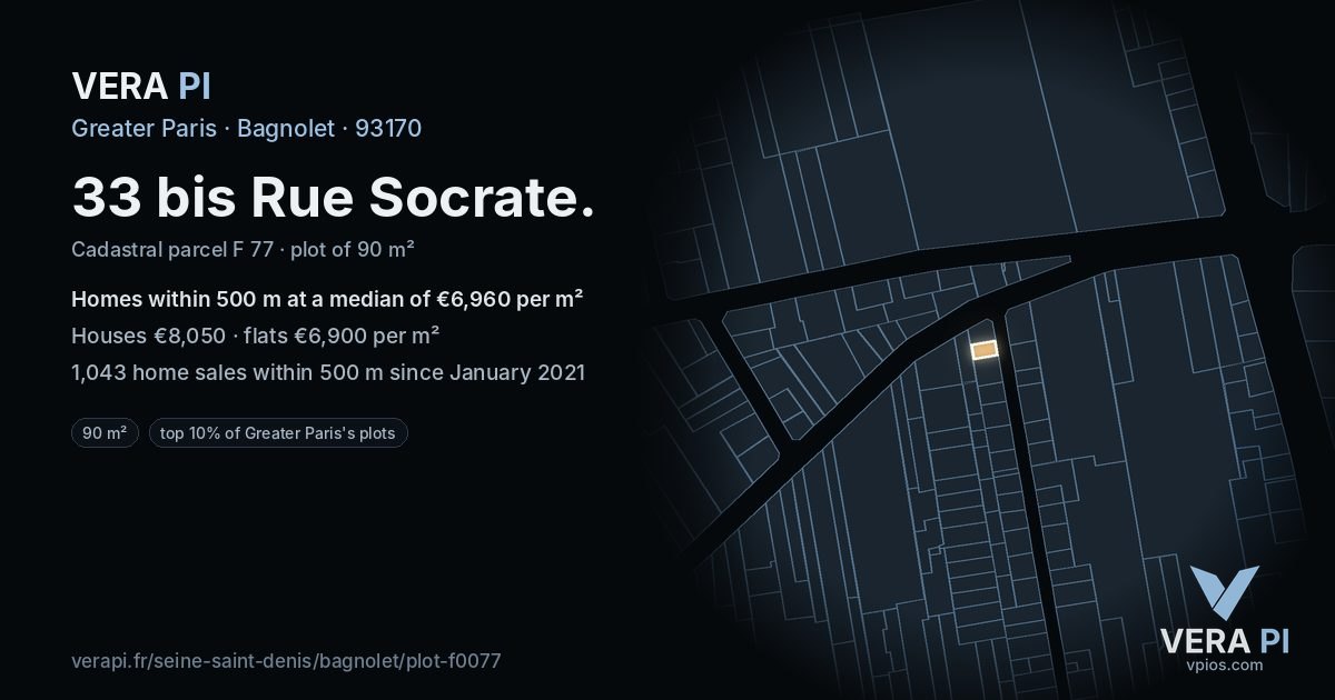 33 bis Rue Socrate, Bagnolet at night – the plot lit, the parcels around coloured by the prices near them