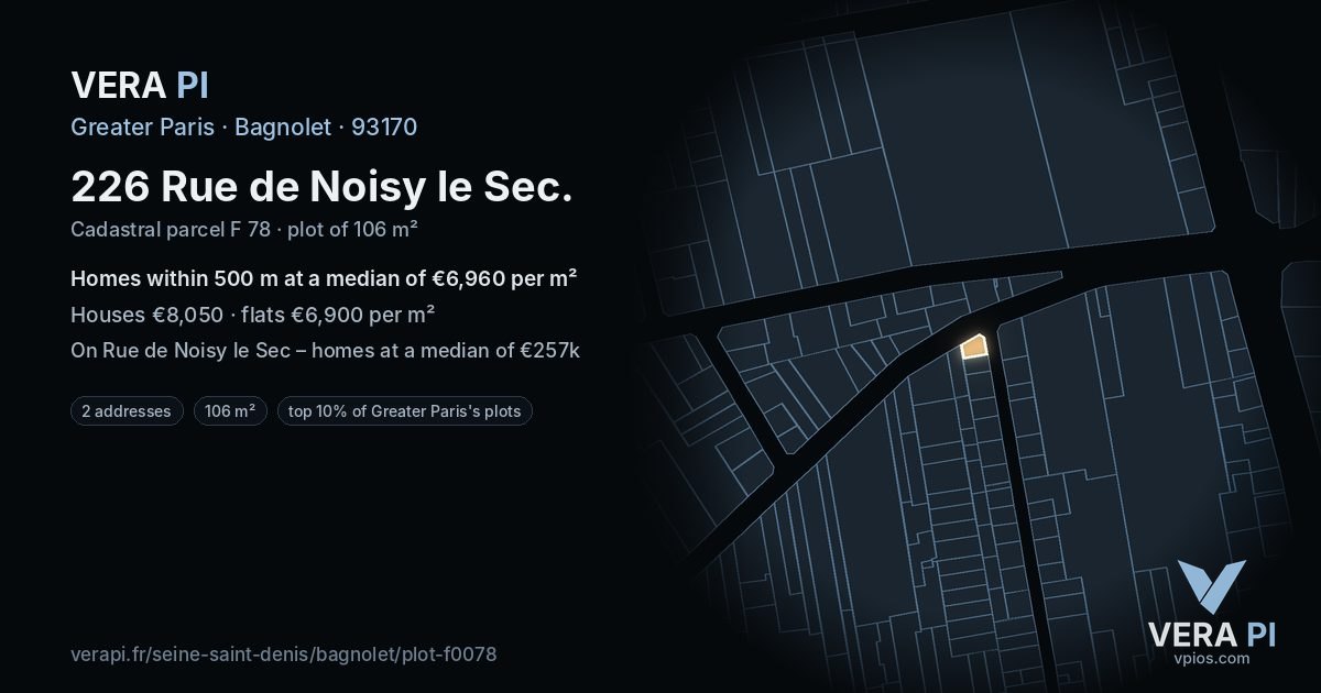226 Rue de Noisy le Sec, Bagnolet at night – the plot lit, the parcels around coloured by the prices near them