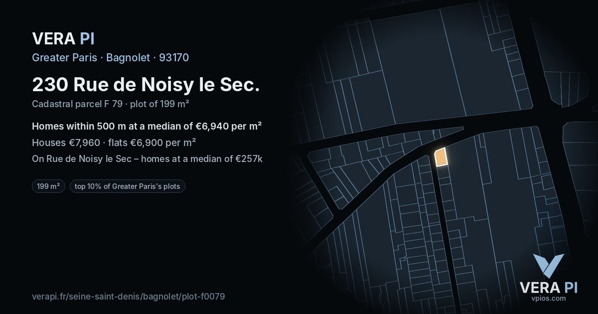 230 Rue de Noisy le Sec, Bagnolet at night – the plot lit, the parcels around coloured by the prices near them