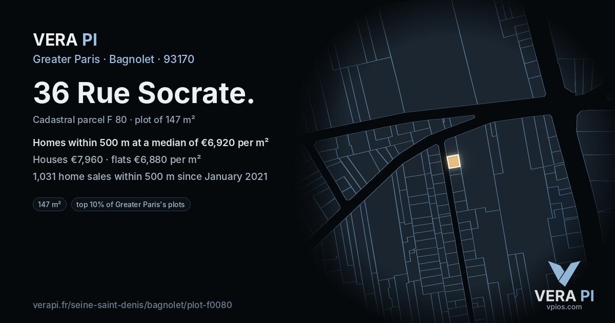 36 Rue Socrate, Bagnolet at night – the plot lit, the parcels around coloured by the prices near them