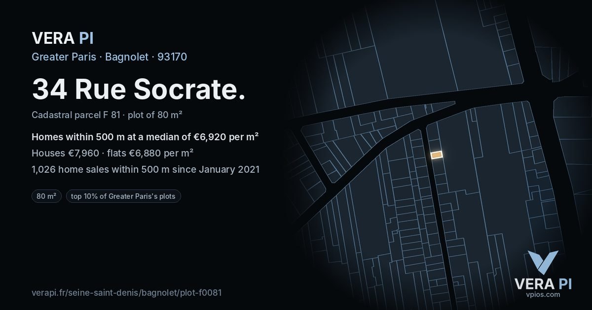 34 Rue Socrate, Bagnolet at night – the plot lit, the parcels around coloured by the prices near them