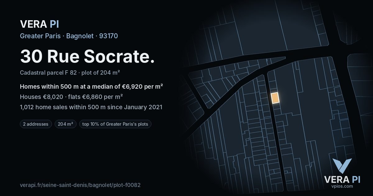 30 Rue Socrate, Bagnolet at night – the plot lit, the parcels around coloured by the prices near them