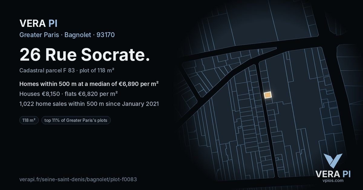 26 Rue Socrate, Bagnolet at night – the plot lit, the parcels around coloured by the prices near them