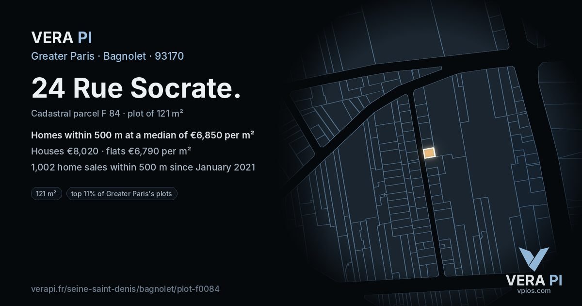 24 Rue Socrate, Bagnolet at night – the plot lit, the parcels around coloured by the prices near them