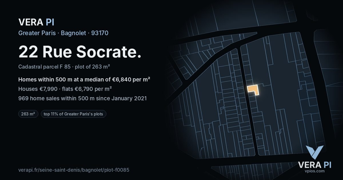 22 Rue Socrate, Bagnolet at night – the plot lit, the parcels around coloured by the prices near them