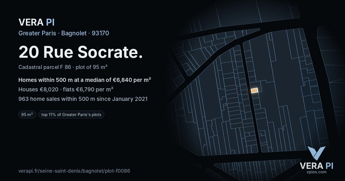20 Rue Socrate, Bagnolet at night – the plot lit, the parcels around coloured by the prices near them
