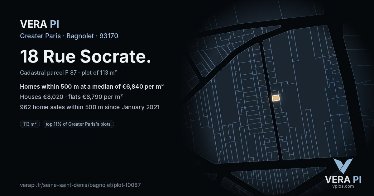 18 Rue Socrate, Bagnolet at night – the plot lit, the parcels around coloured by the prices near them