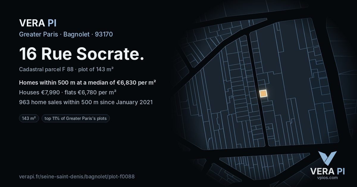 16 Rue Socrate, Bagnolet at night – the plot lit, the parcels around coloured by the prices near them