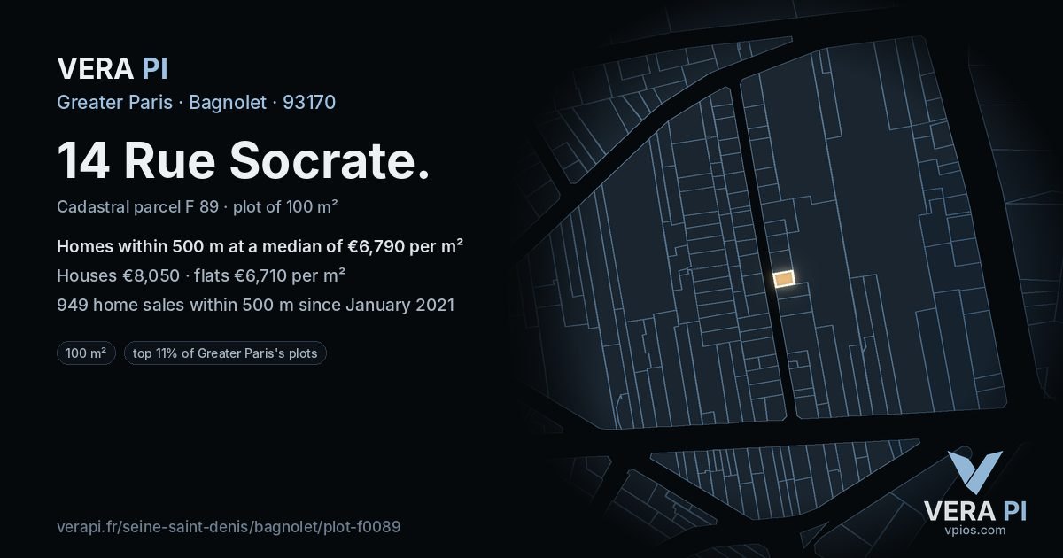 14 Rue Socrate, Bagnolet at night – the plot lit, the parcels around coloured by the prices near them