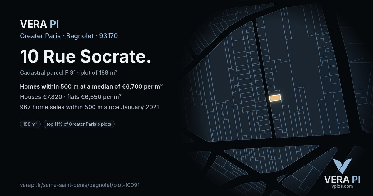 10 Rue Socrate, Bagnolet at night – the plot lit, the parcels around coloured by the prices near them