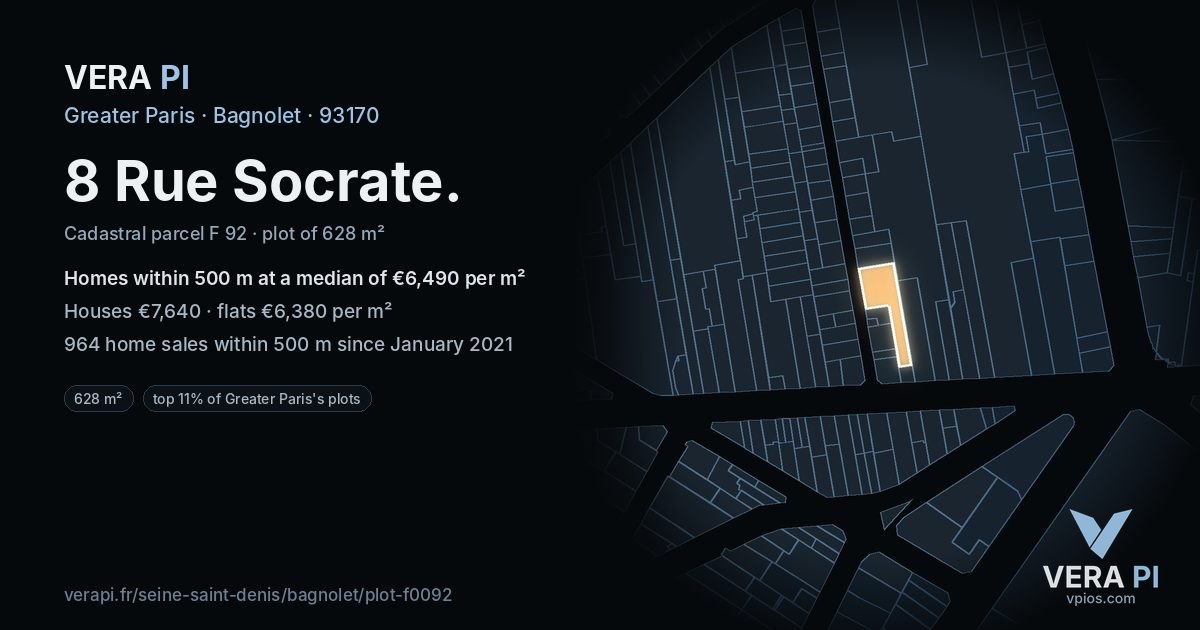 8 Rue Socrate, Bagnolet at night – the plot lit, the parcels around coloured by the prices near them
