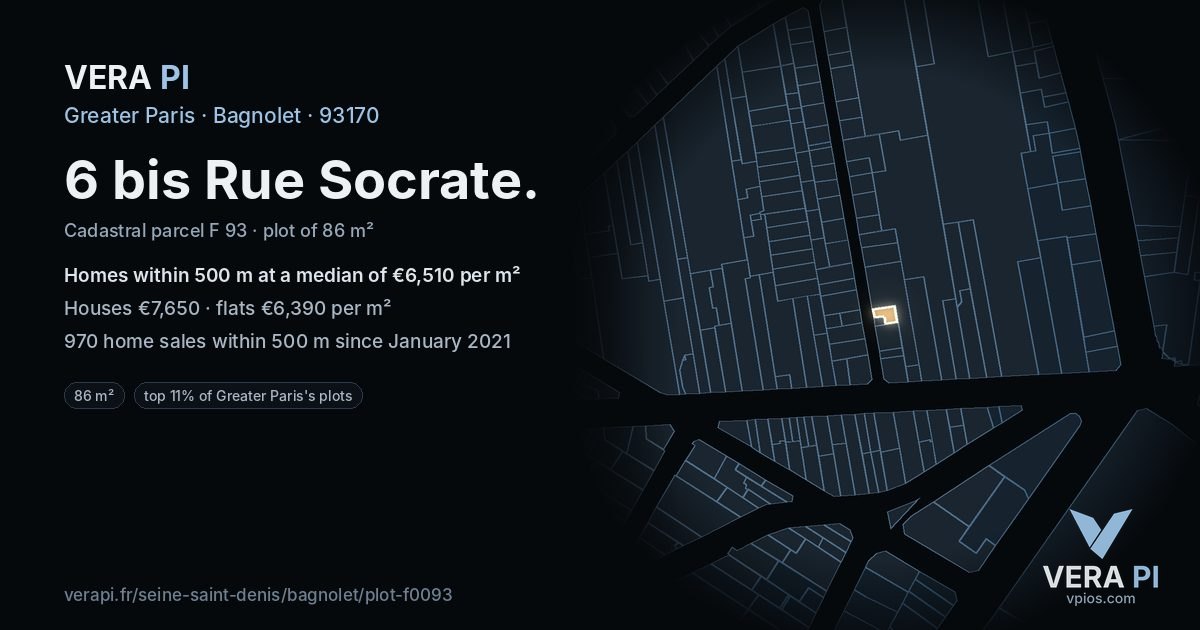6 bis Rue Socrate, Bagnolet at night – the plot lit, the parcels around coloured by the prices near them