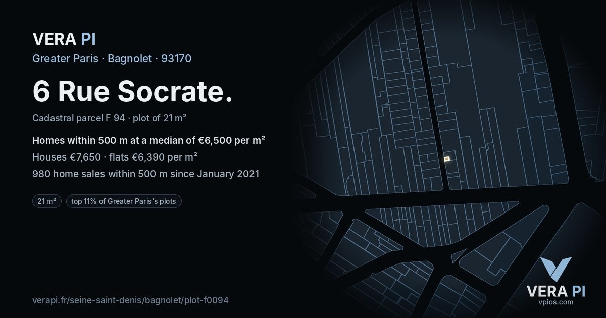6 Rue Socrate, Bagnolet at night – the plot lit, the parcels around coloured by the prices near them