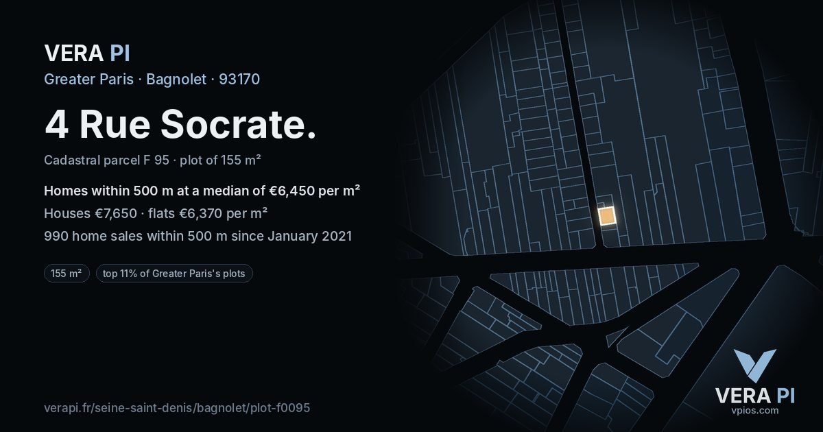 4 Rue Socrate, Bagnolet at night – the plot lit, the parcels around coloured by the prices near them