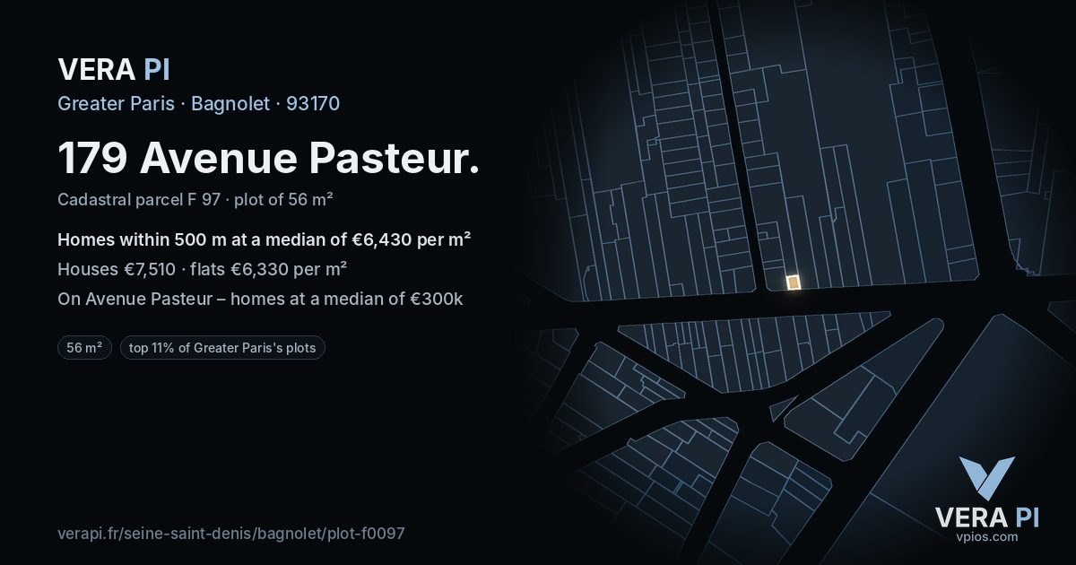 179 Avenue Pasteur, Bagnolet at night – the plot lit, the parcels around coloured by the prices near them