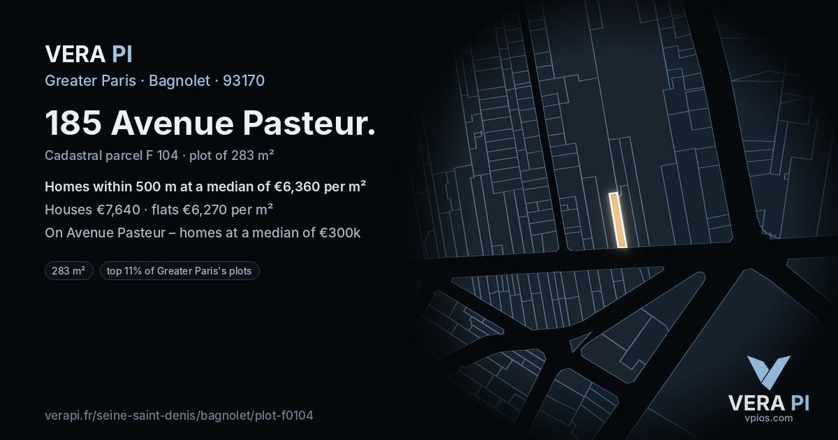185 Avenue Pasteur, Bagnolet at night – the plot lit, the parcels around coloured by the prices near them