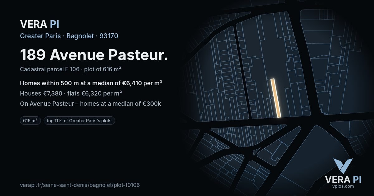 189 Avenue Pasteur, Bagnolet at night – the plot lit, the parcels around coloured by the prices near them