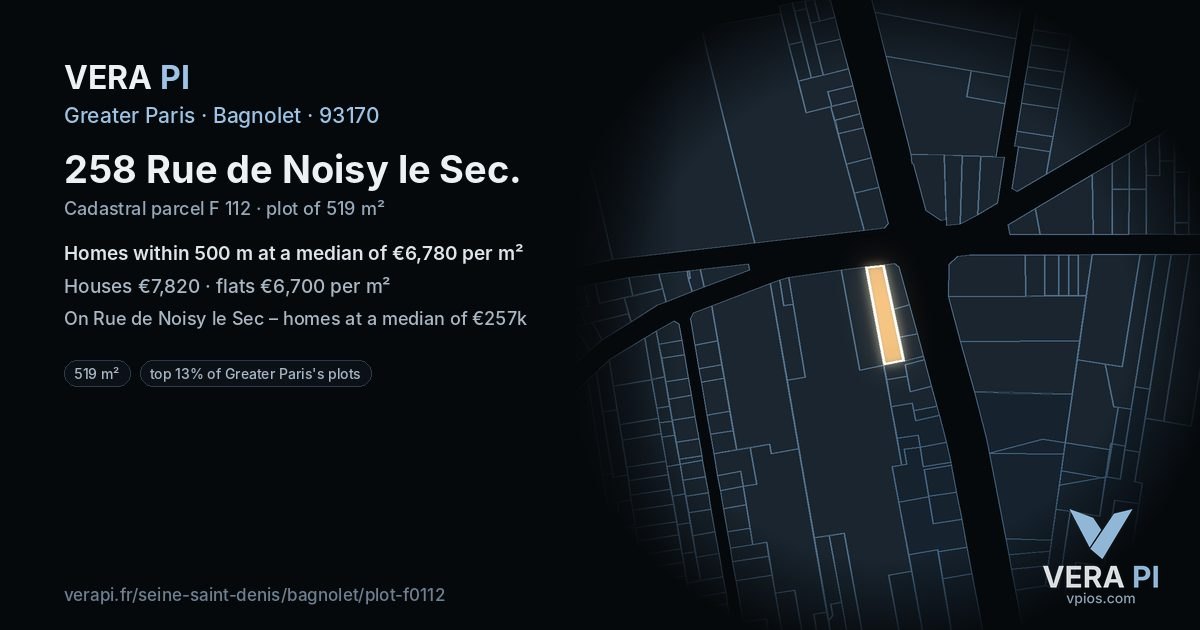 258 Rue de Noisy le Sec, Bagnolet at night – the plot lit, the parcels around coloured by the prices near them