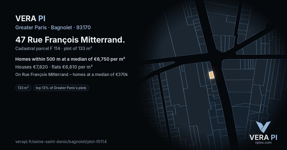 47 Rue François Mitterrand, Bagnolet at night – the plot lit, the parcels around coloured by the prices near them