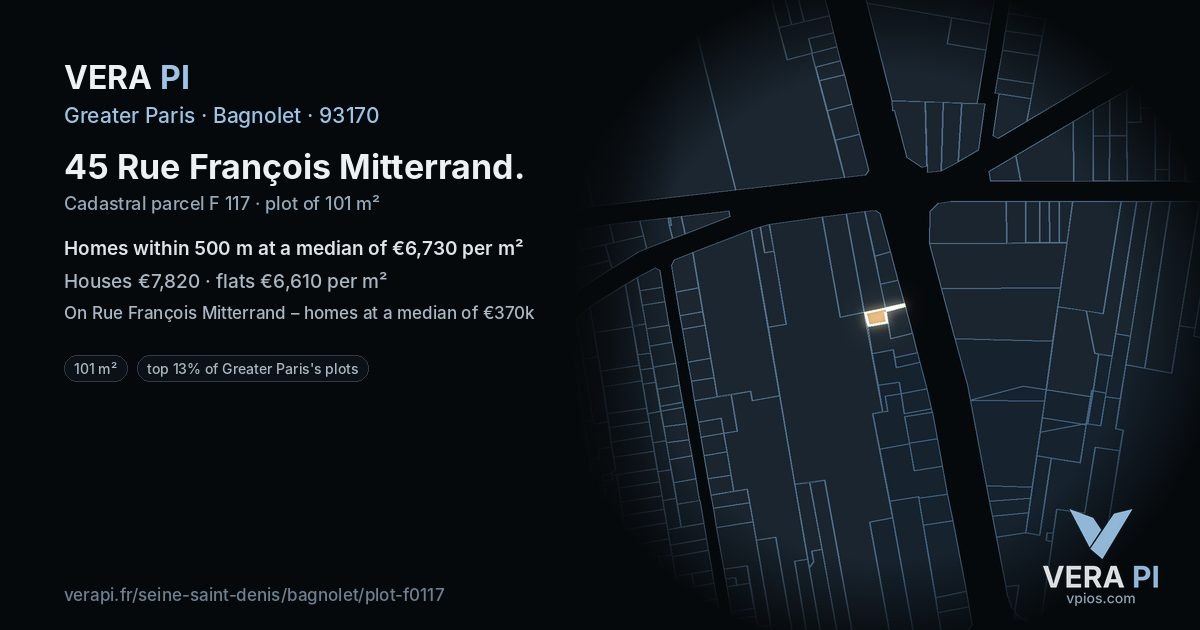 45 Rue François Mitterrand, Bagnolet at night – the plot lit, the parcels around coloured by the prices near them