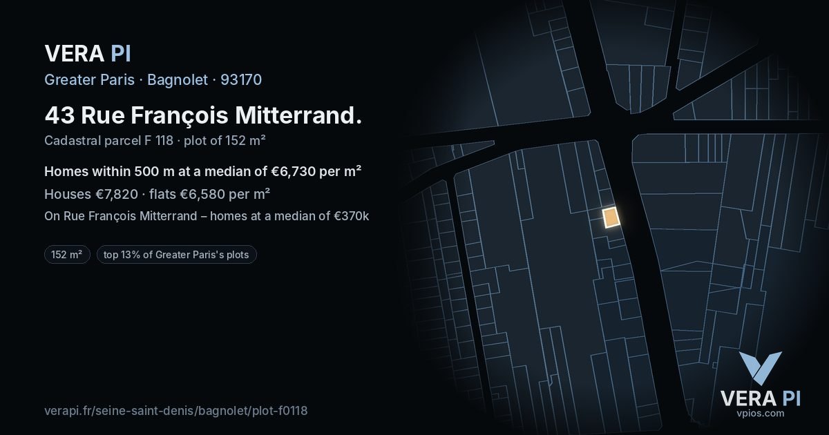 43 Rue François Mitterrand, Bagnolet at night – the plot lit, the parcels around coloured by the prices near them