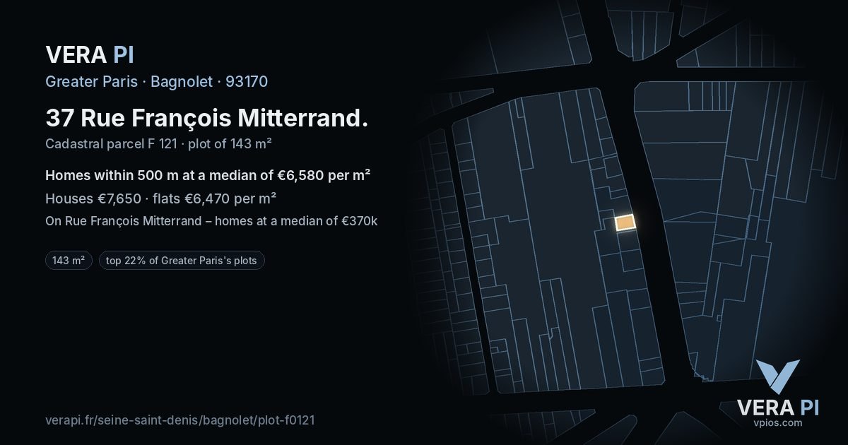 37 Rue François Mitterrand, Bagnolet at night – the plot lit, the parcels around coloured by the prices near them