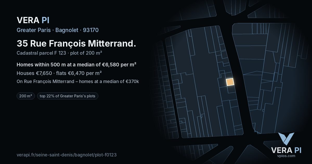 35 Rue François Mitterrand, Bagnolet at night – the plot lit, the parcels around coloured by the prices near them