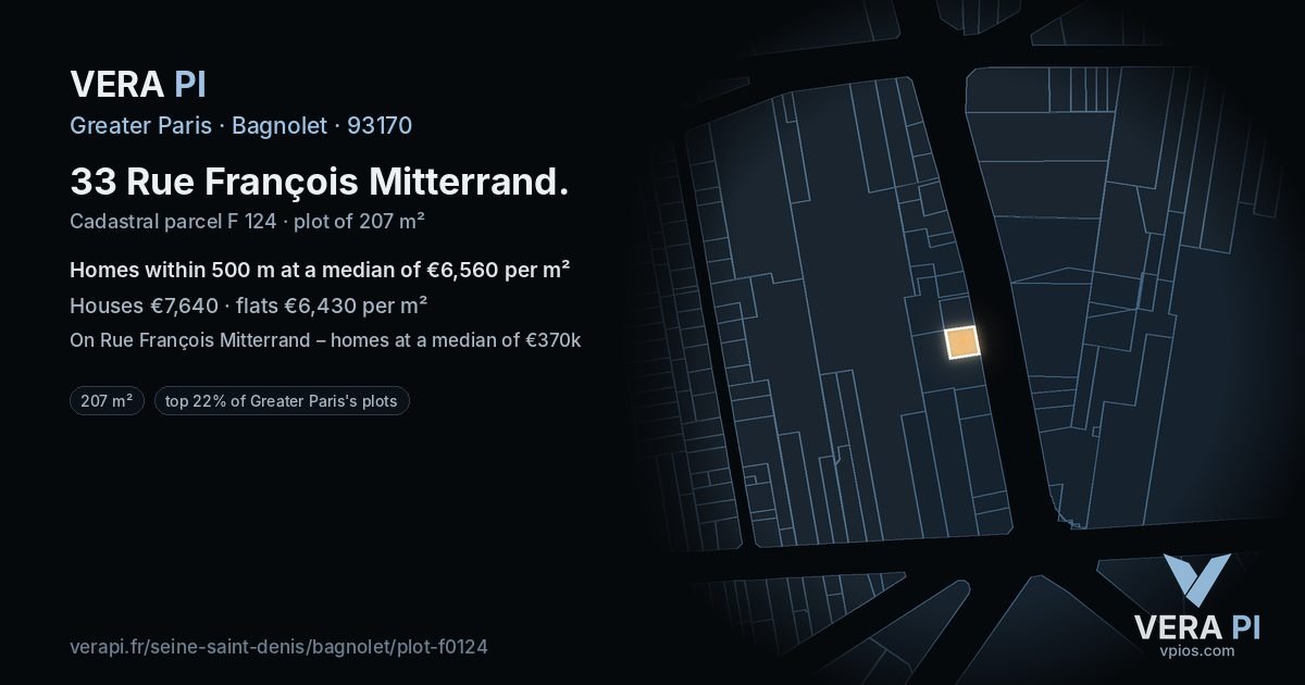 33 Rue François Mitterrand, Bagnolet at night – the plot lit, the parcels around coloured by the prices near them