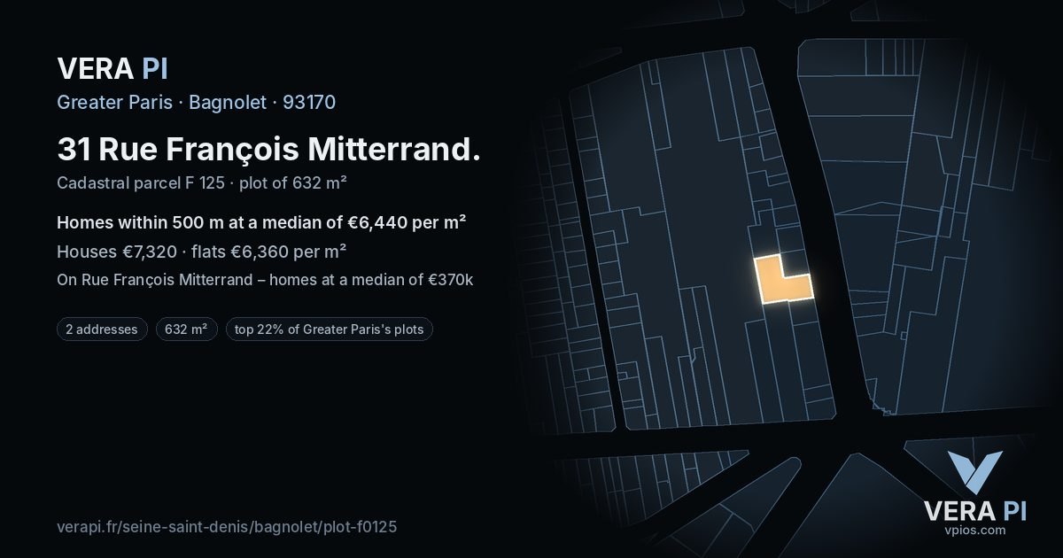 31 Rue François Mitterrand, Bagnolet at night – the plot lit, the parcels around coloured by the prices near them