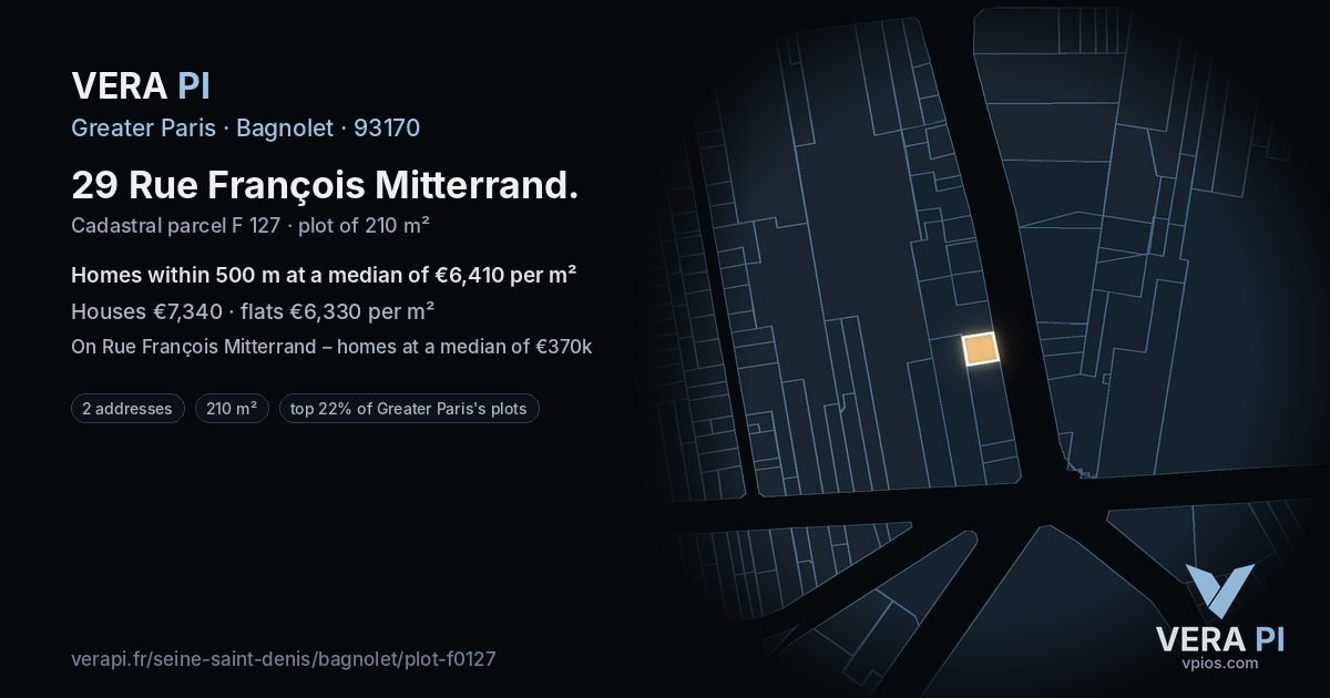29 Rue François Mitterrand, Bagnolet at night – the plot lit, the parcels around coloured by the prices near them