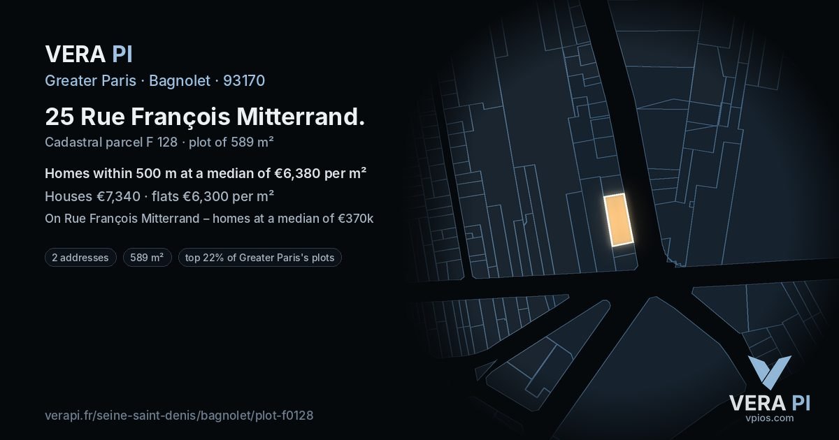 25 Rue François Mitterrand, Bagnolet at night – the plot lit, the parcels around coloured by the prices near them