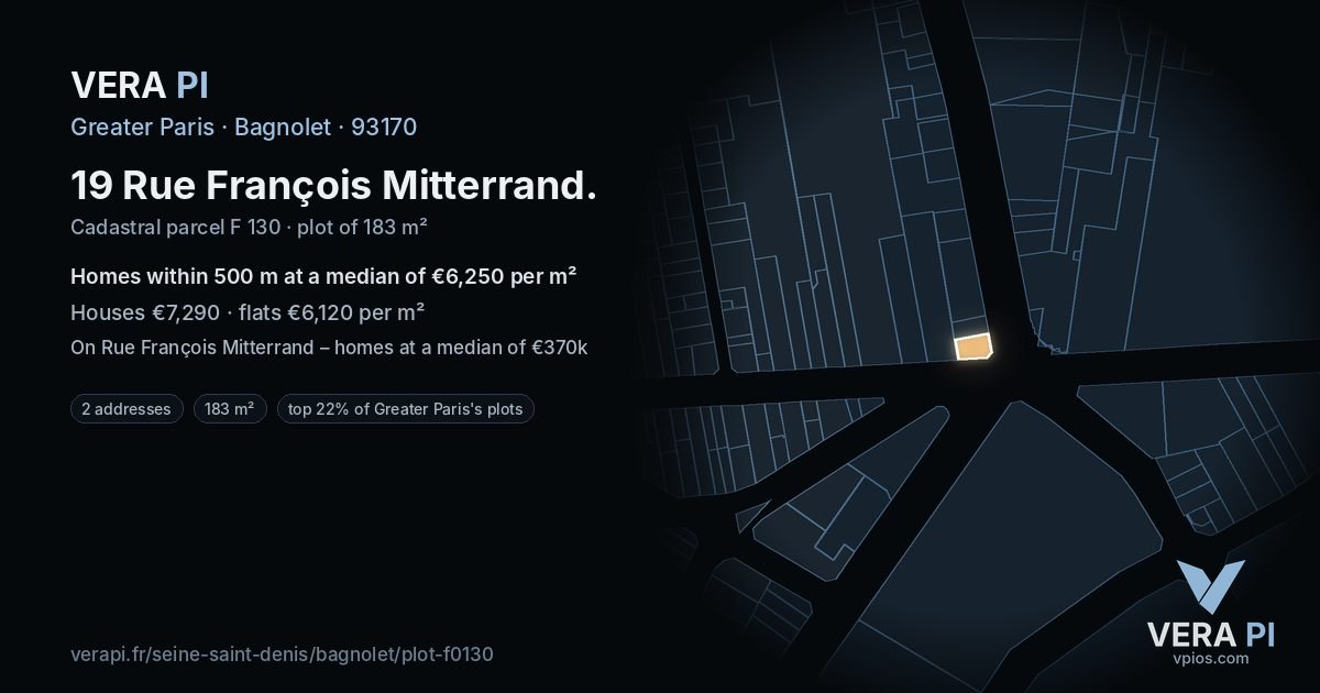 19 Rue François Mitterrand, Bagnolet at night – the plot lit, the parcels around coloured by the prices near them